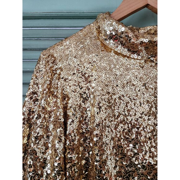Vintage 50s 60s Gold Sequin Cocktail Dress: Mod Long Sleeve Shift, Women's M/L - Picture 9 of 13